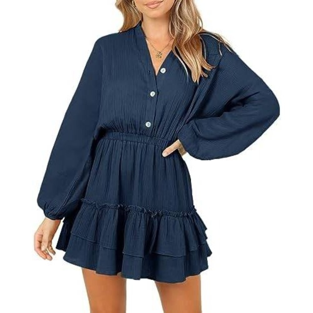 Yovion Long Sleeve Mini Dress Ruffle Hem Button Down V Neck Flowy Navy‎ Blue XL